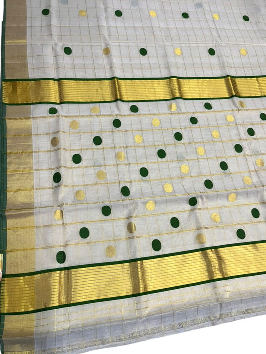 Southloom Super Premium Balaramapuram Handloom Cotton Saree with Gold And Green Polka And Kasavu on Border