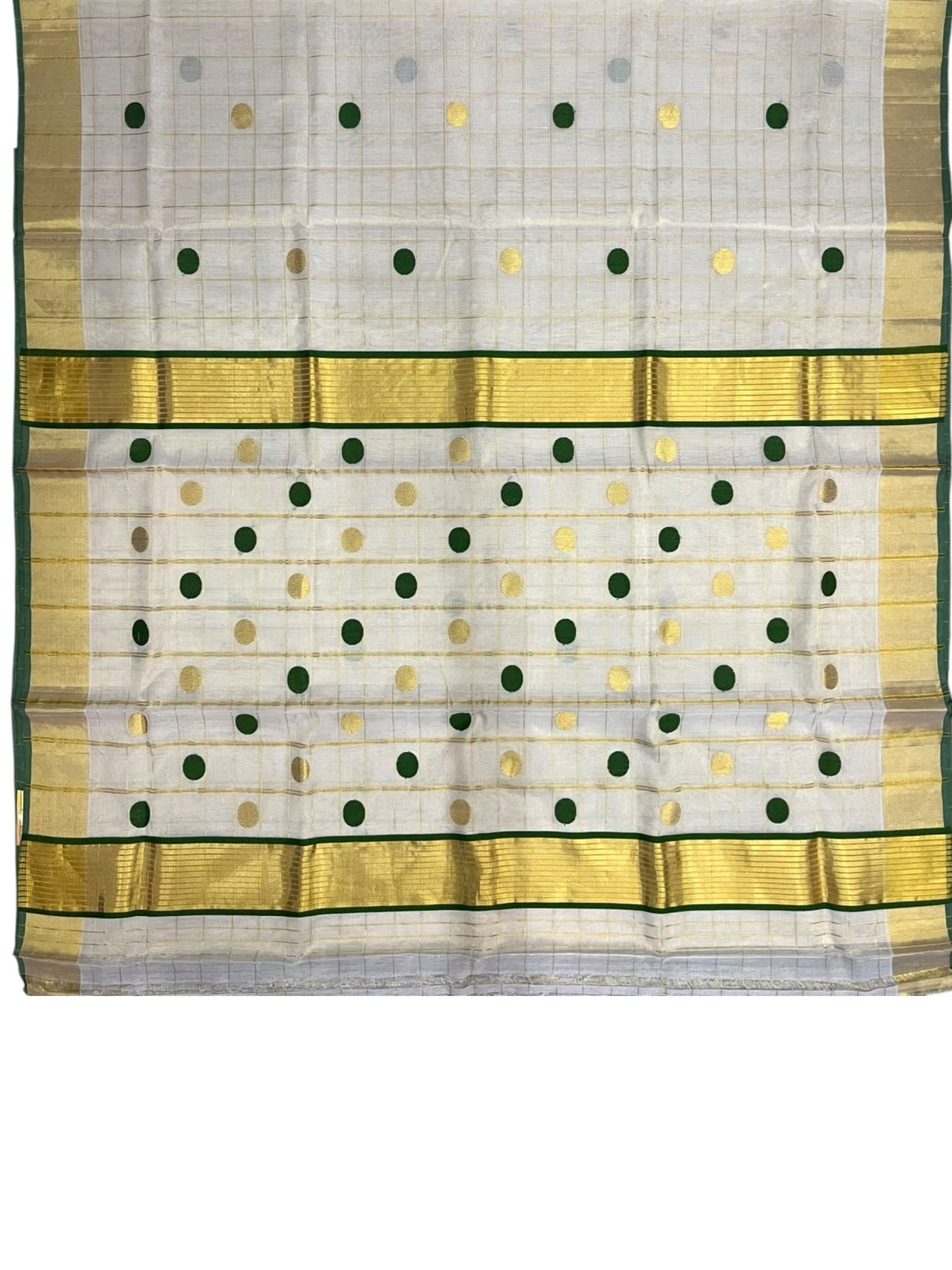 Southloom Super Premium Balaramapuram Handloom Cotton Saree with Gold And Green Polka And Kasavu on Border