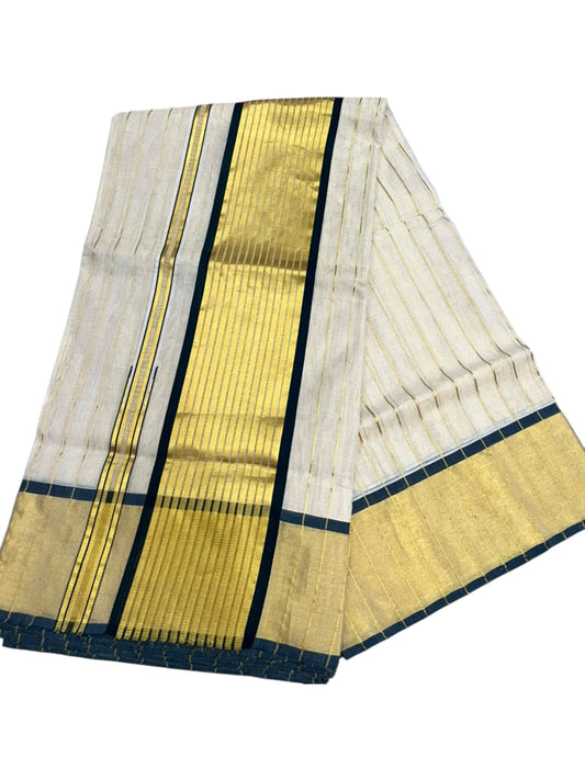 Southloom Super Premium Balaramapuram Handloom Cotton Stripe Saree with Gold And Green Chuttikara Design on Border