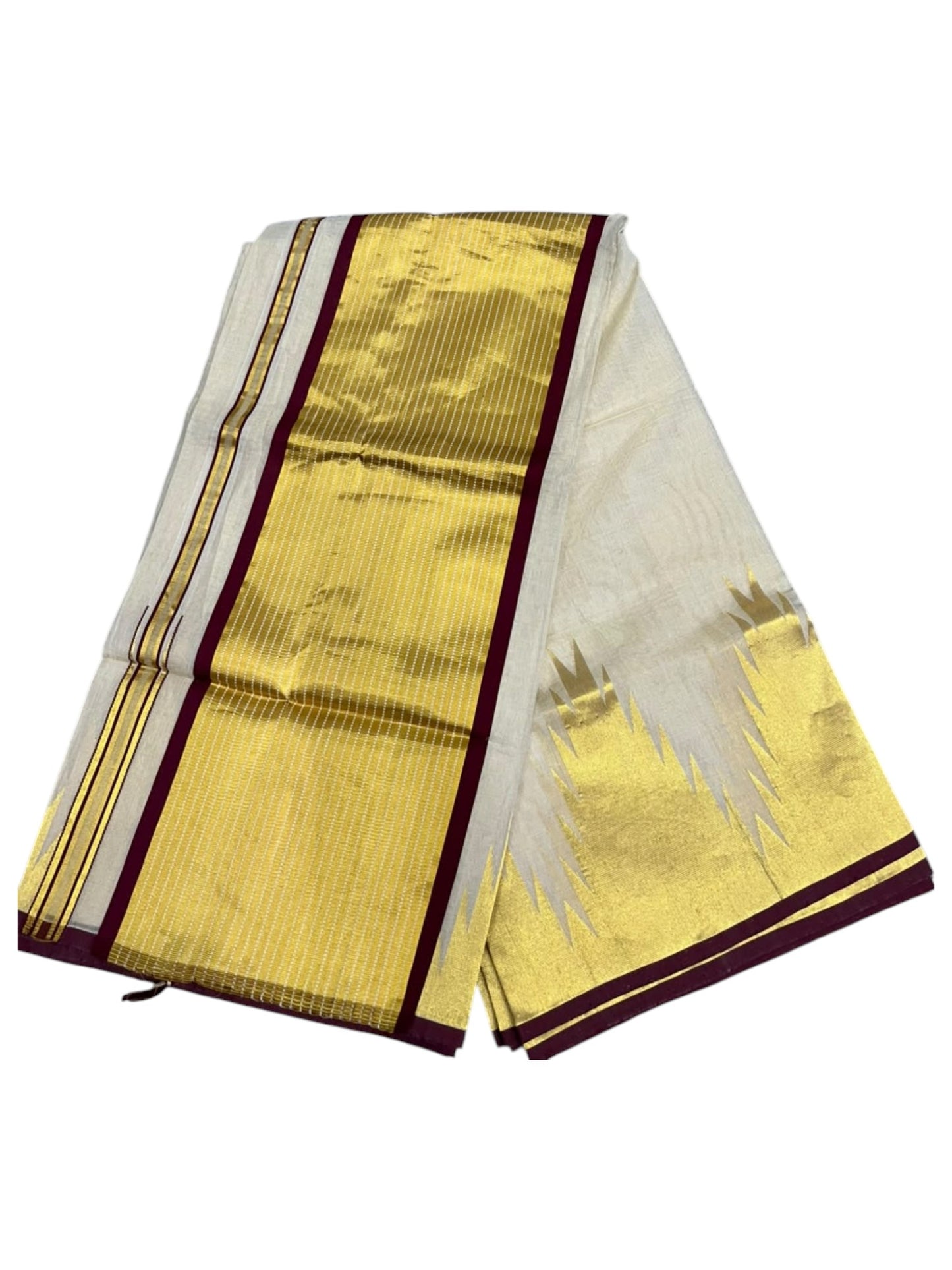 Southloom Super Premium Balaramapuram Handloom Tissue Saree with Gold And Maroon Chuttikara and Temple Design on Border