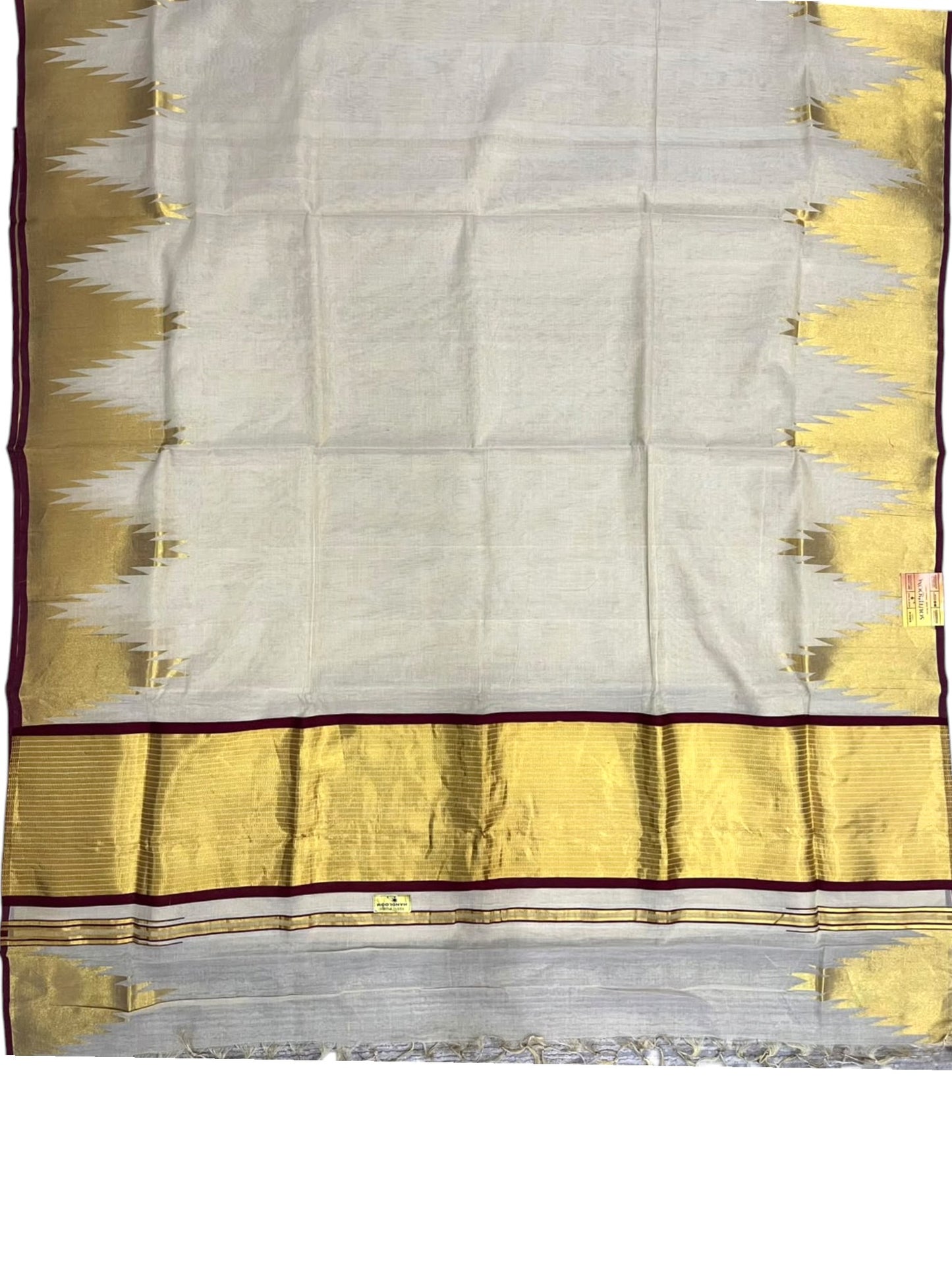 Southloom Super Premium Balaramapuram Handloom Tissue Saree with Gold And Maroon Chuttikara and Temple Design on Border