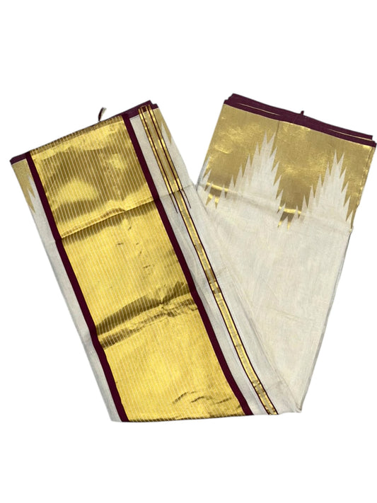 Southloom Super Premium Balaramapuram Handloom Tissue Saree with Gold And Maroon Chuttikara and Temple Design on Border