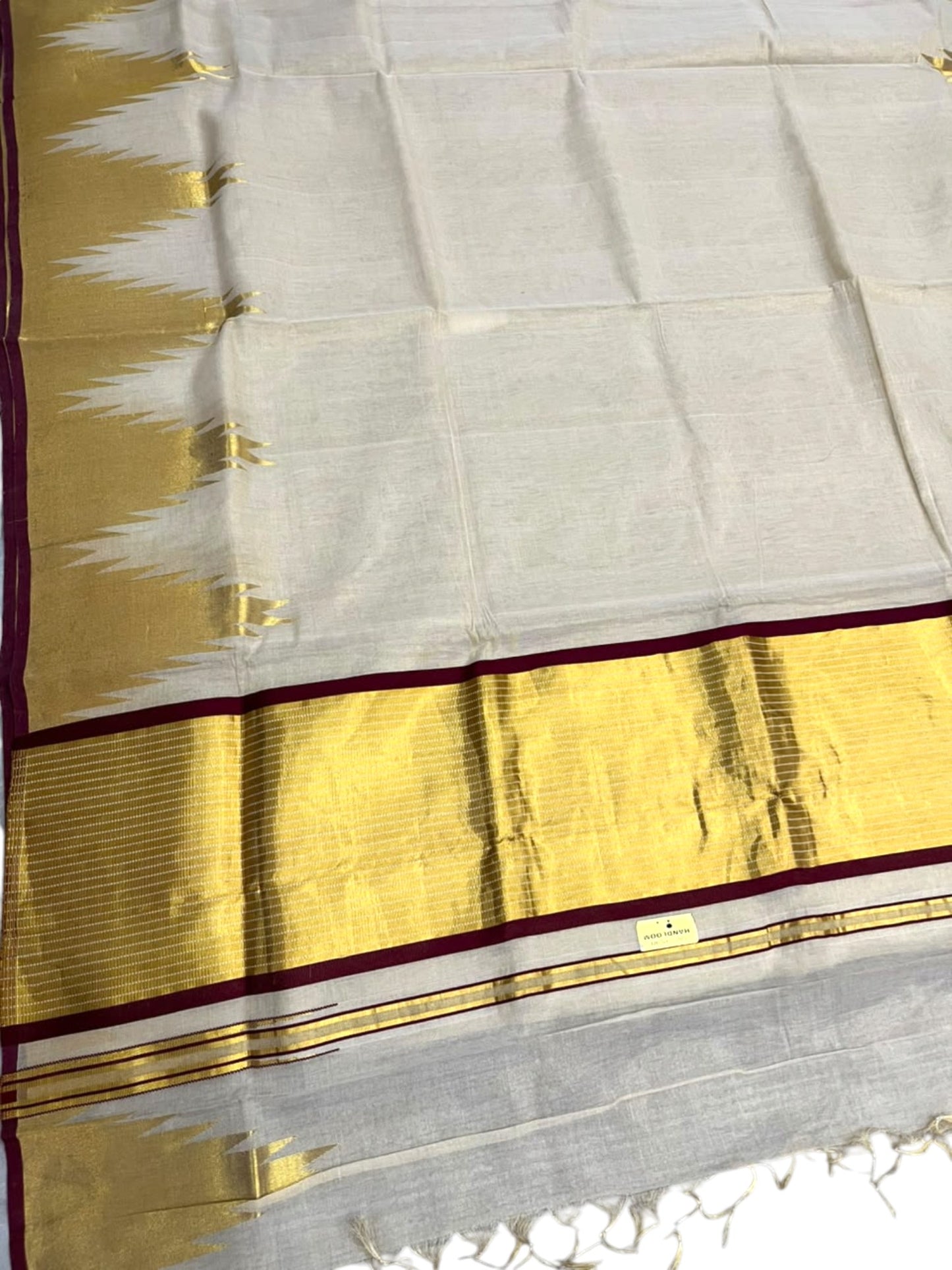 Southloom Super Premium Balaramapuram Handloom Tissue Saree with Gold And Maroon Chuttikara and Temple Design on Border