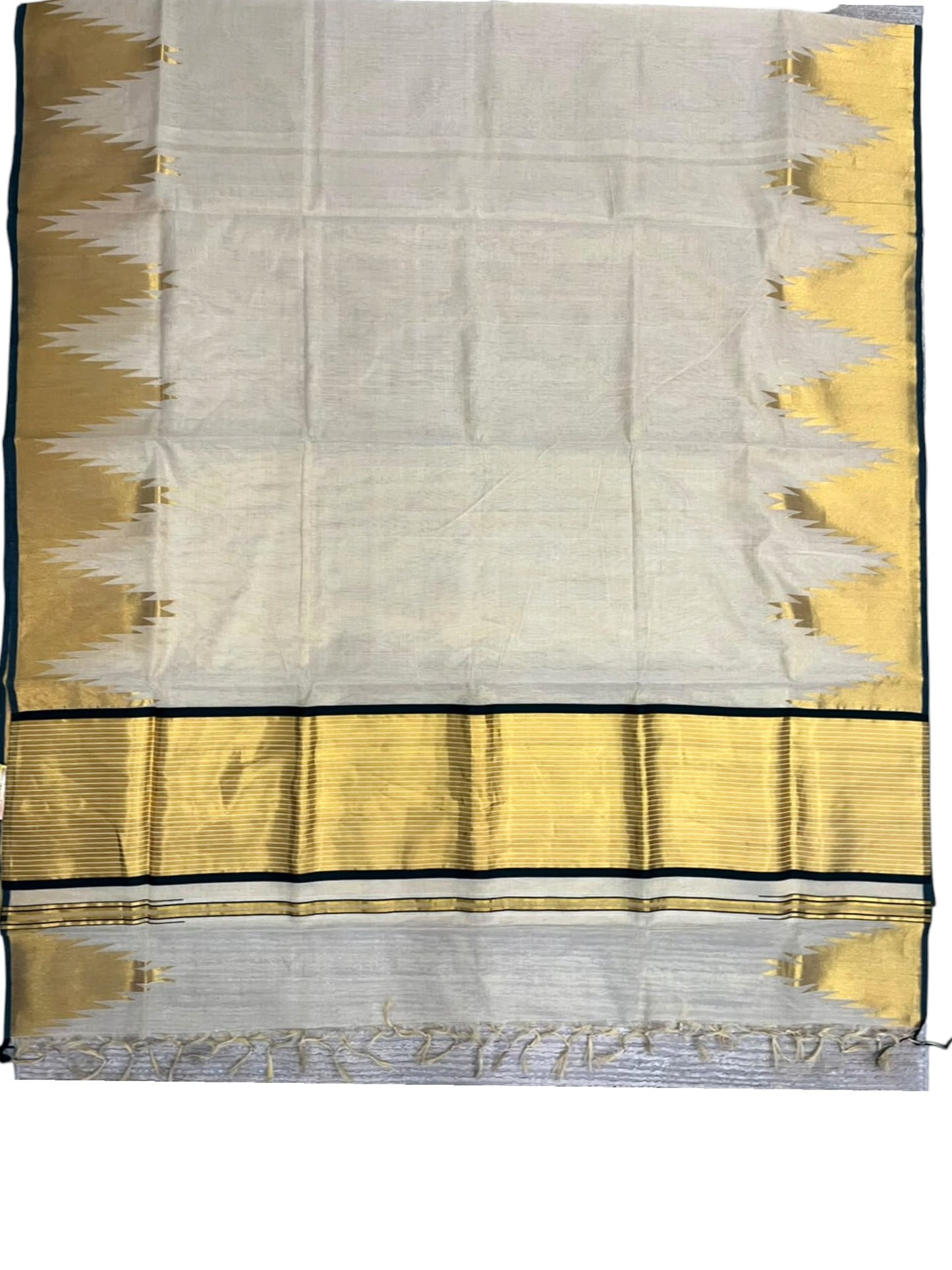 Southloom Super Premium Balaramapuram Handloom Tissue Saree with Gold And Green Chuttikara and Temple Design on Border