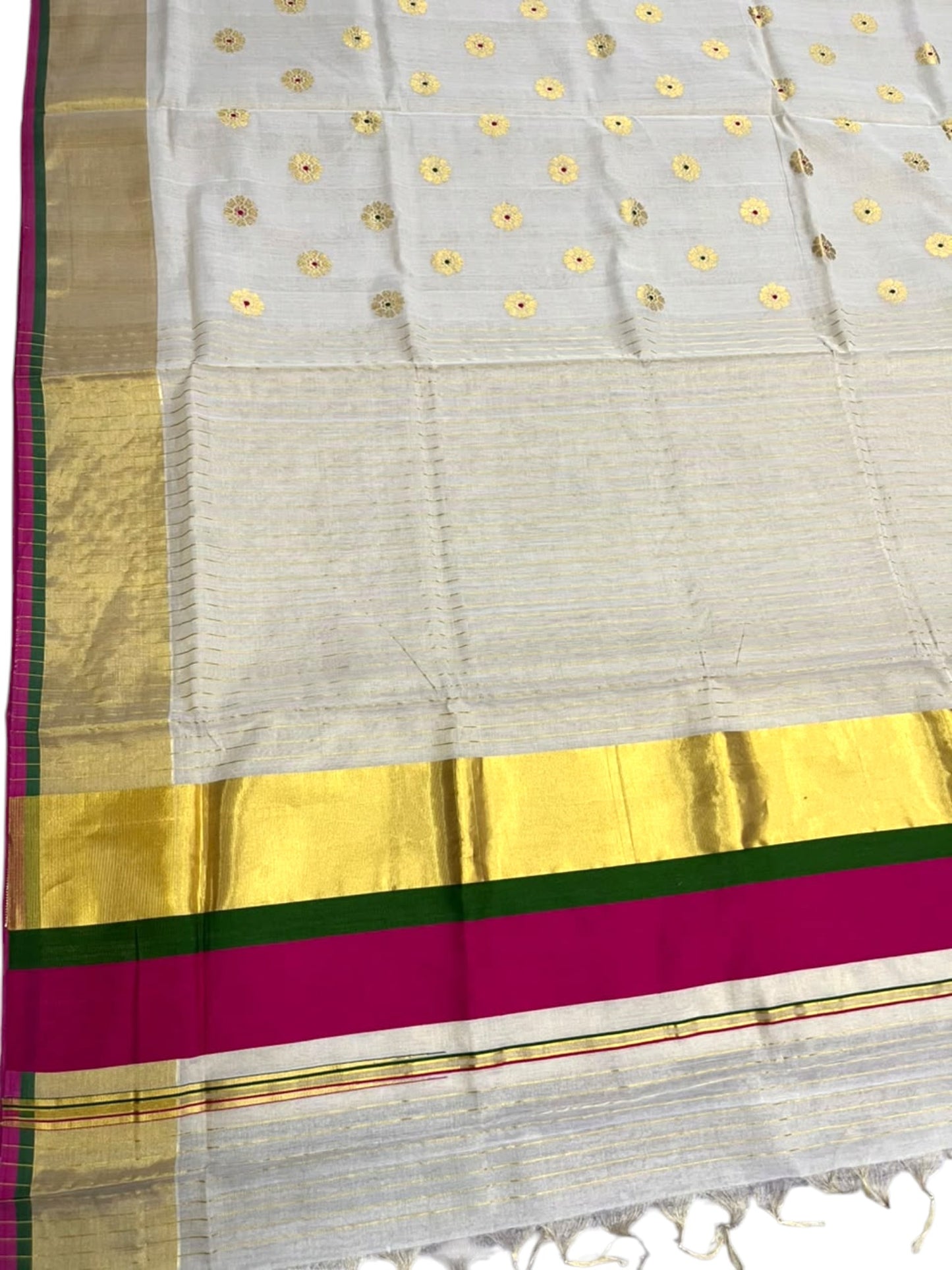 Southloom Super Premium Balaramapuram Handloom Tissue Stripe Saree with Green And Magenta Border