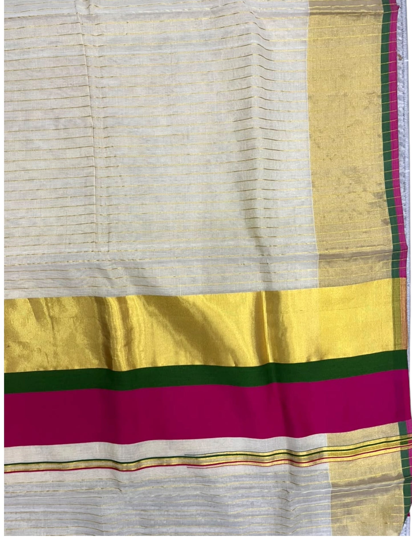 Southloom Super Premium Balaramapuram Handloom Tissue Stripe Saree with Green And Magenta Border
