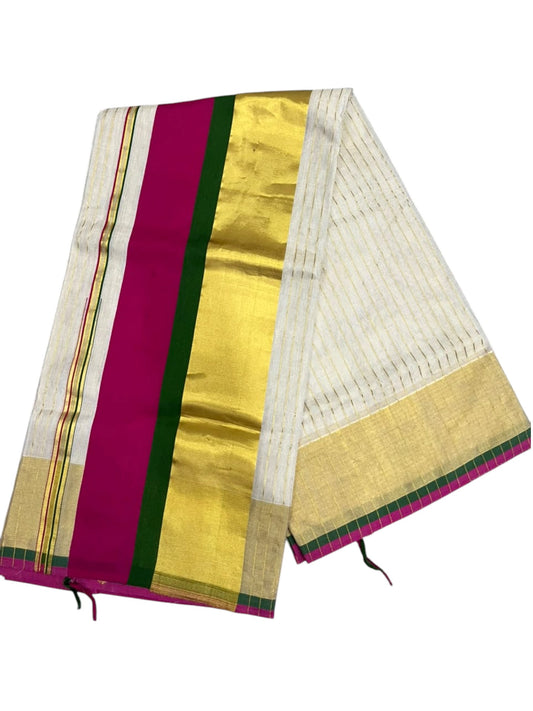 Southloom Super Premium Balaramapuram Handloom Tissue Stripe Saree with Green And Magenta Border