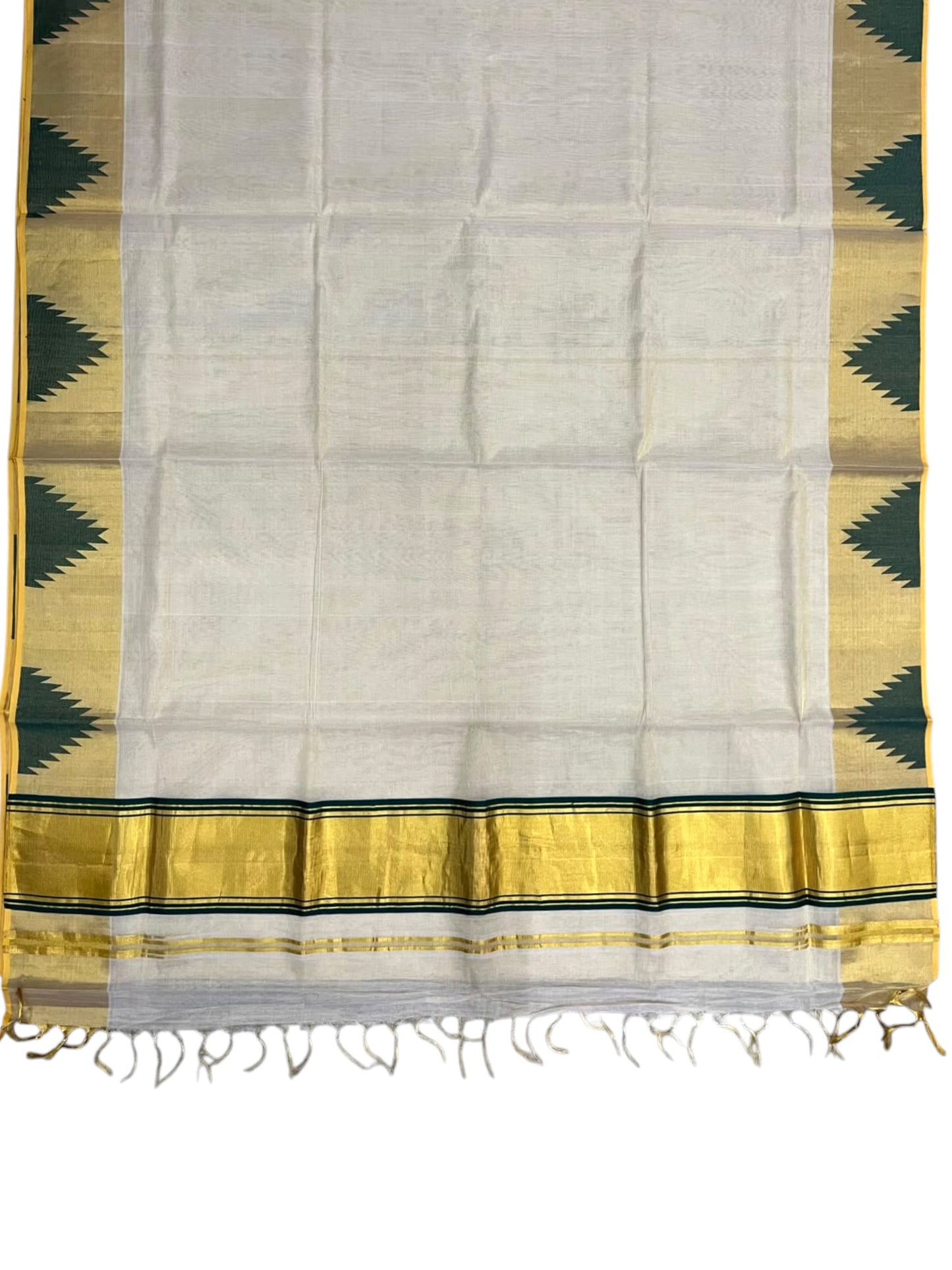 Southloom Super Premium Balaramapuram Handloom Cotton Saree with Gold And Green Temple Design on Border