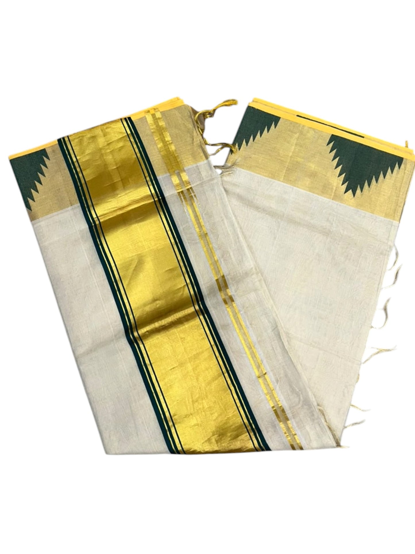 Southloom Super Premium Balaramapuram Handloom Cotton Saree with Gold And Green Temple Design on Border