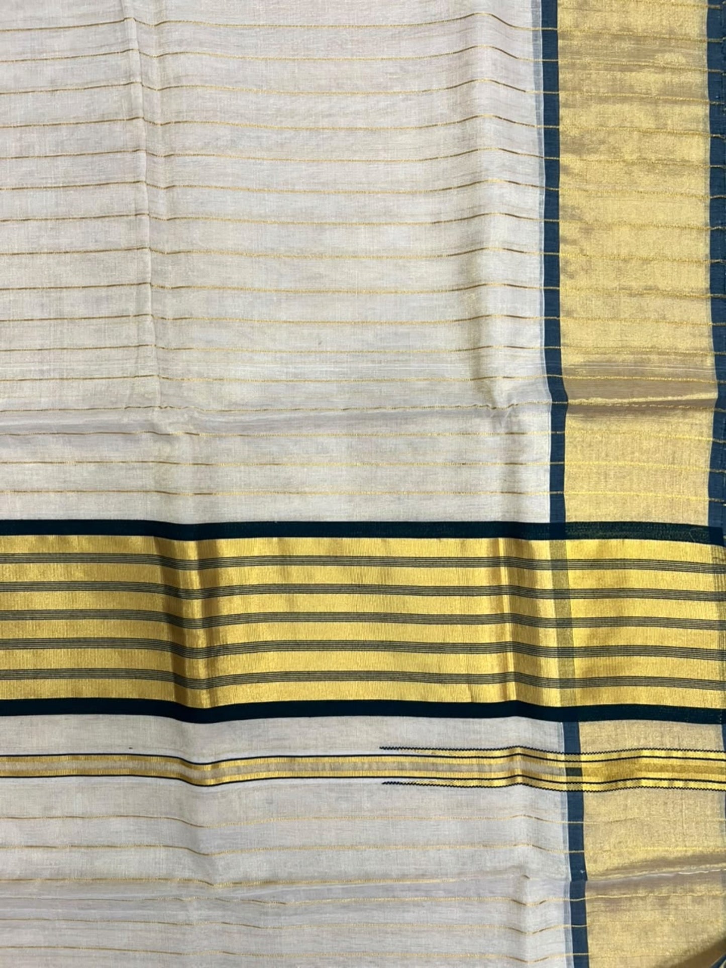 Southloom Super Premium Balaramapuram Handloom Cotton Stripe Saree with Gold And Green Chuttikara Design on Border