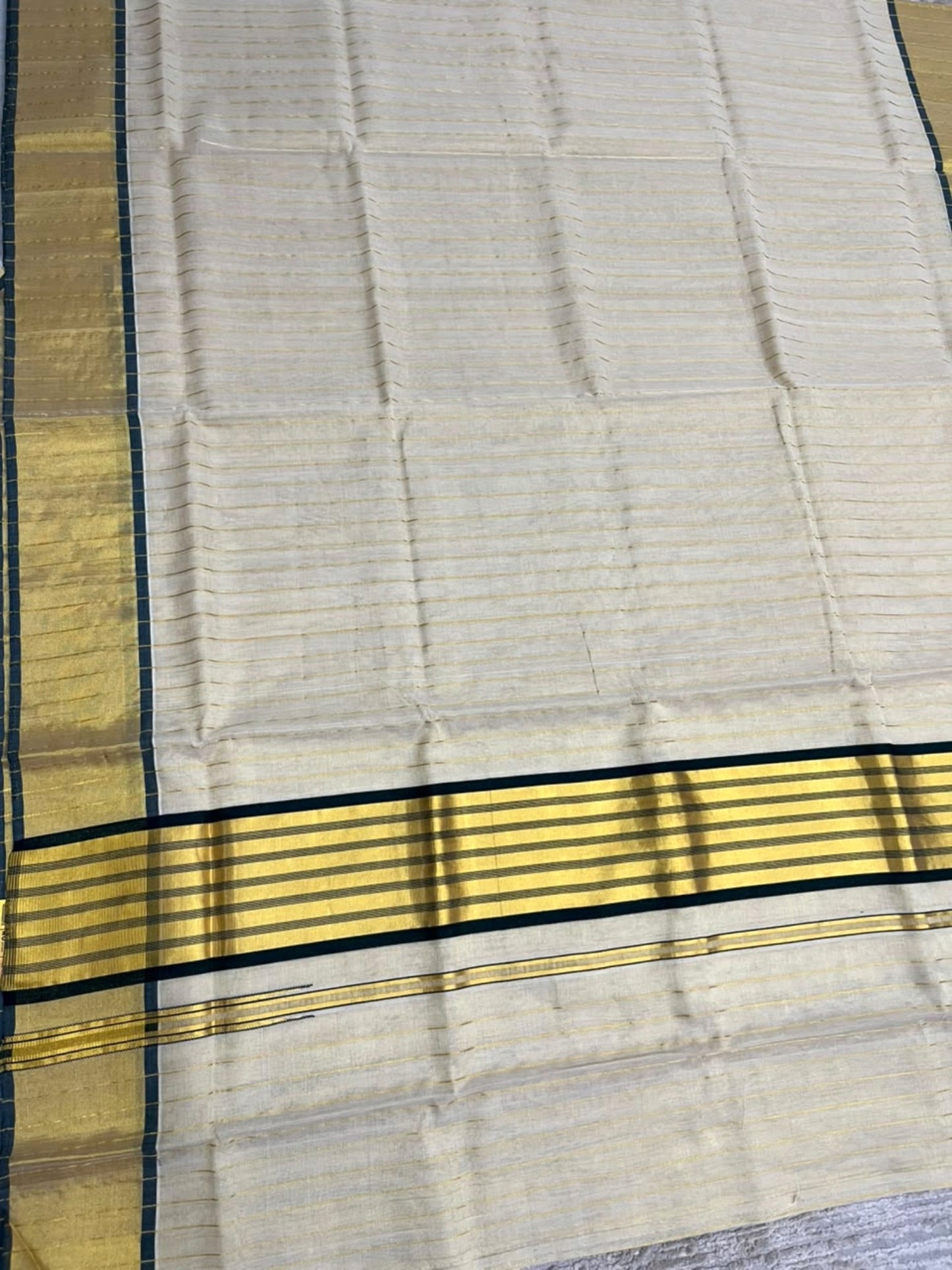 Southloom Super Premium Balaramapuram Handloom Cotton Stripe Saree with Gold And Green Chuttikara Design on Border