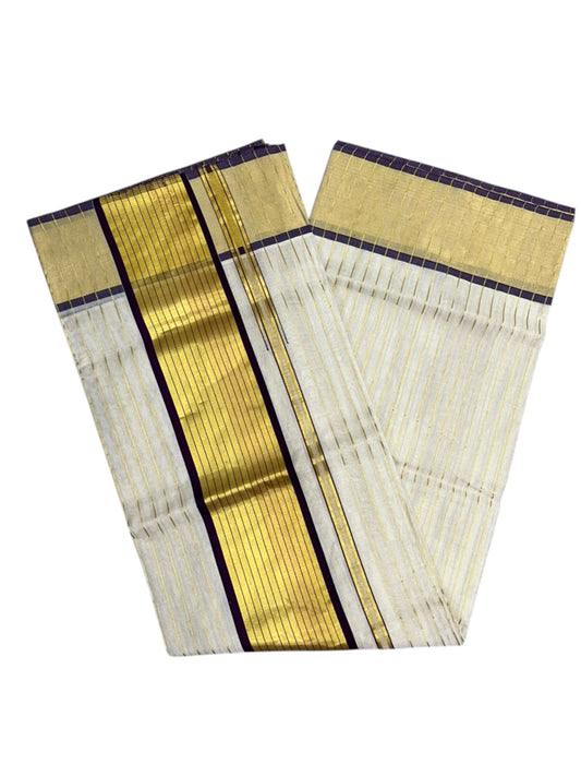 Southloom Super Premium Balaramapuram Handloom Cotton Stripe Saree with Gold And Maroon Chuttikara Design on Border