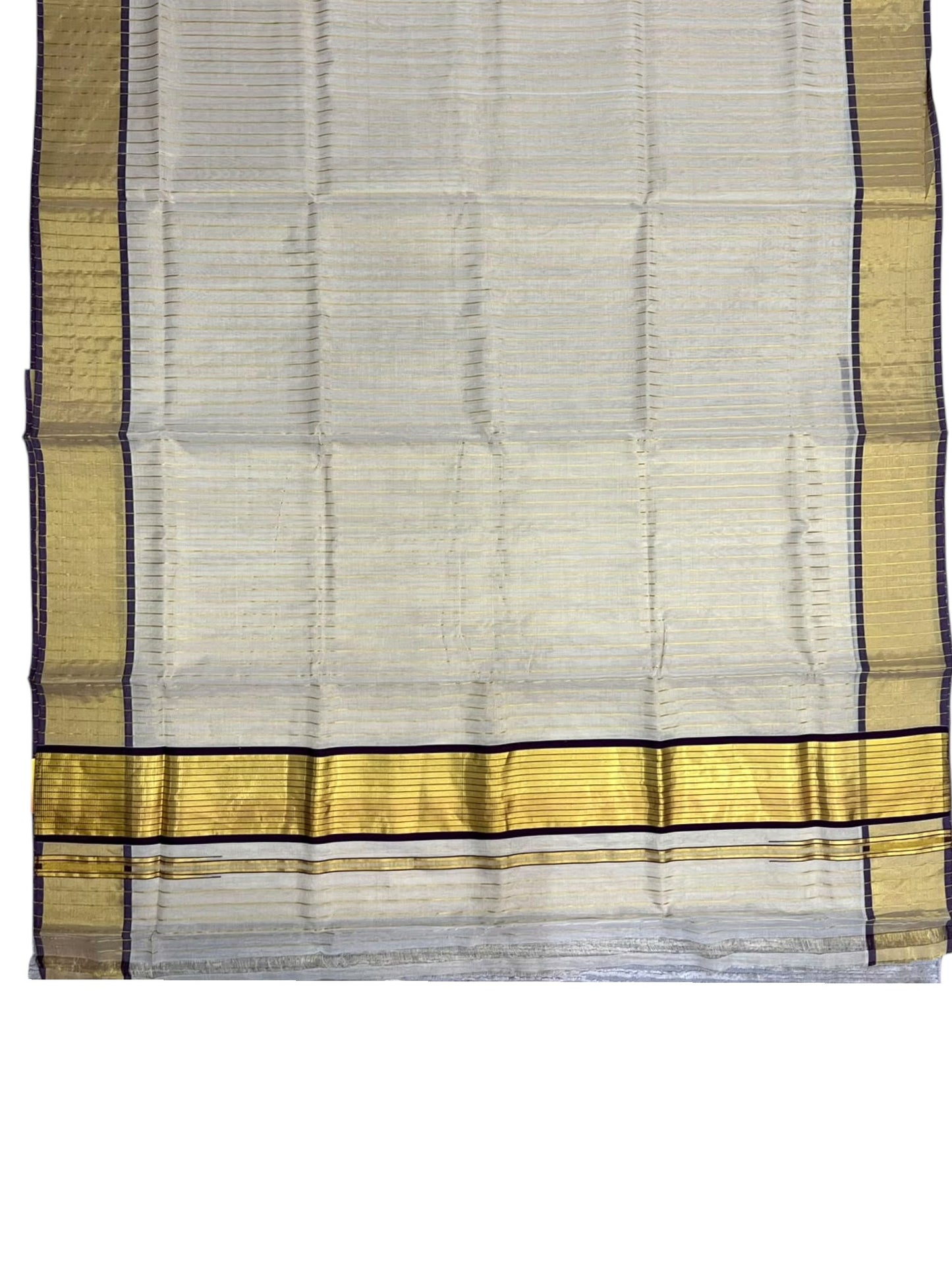 Southloom Super Premium Balaramapuram Handloom Cotton Stripe Saree with Gold And Maroon Chuttikara Design on Border