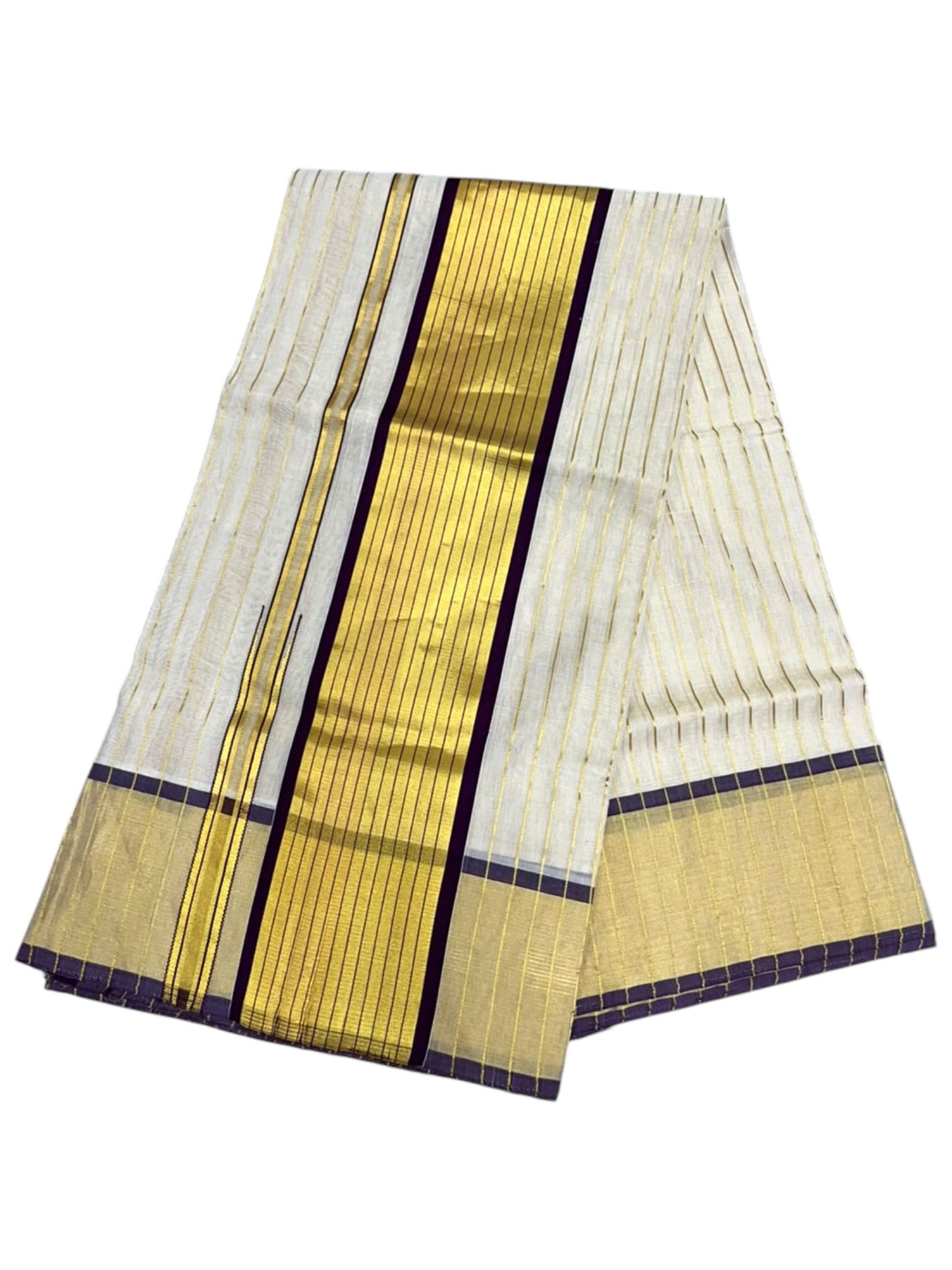 Southloom Super Premium Balaramapuram Handloom Cotton Stripe Saree with Gold And Maroon Chuttikara Design on Border