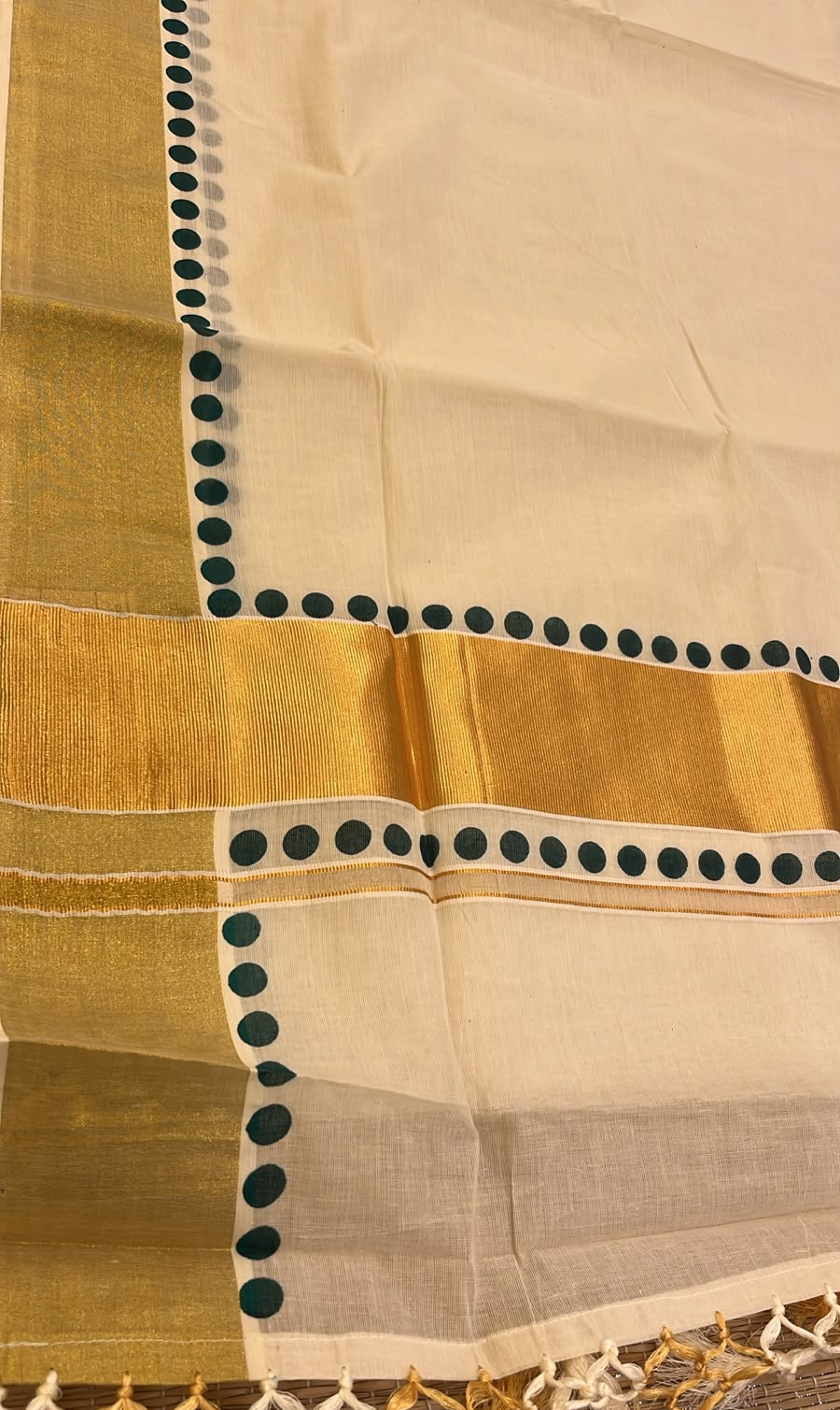 Southloom Kerala Kasavu Saree With Golden Kasavu And Dark Green Polka Dot Borders