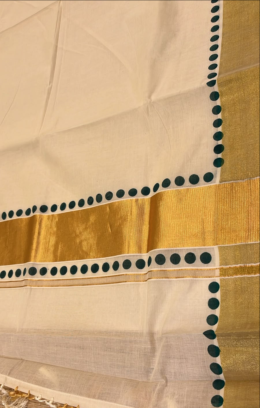 Southloom Kerala Kasavu Saree With Golden Kasavu And Dark Green Polka Dot Borders
