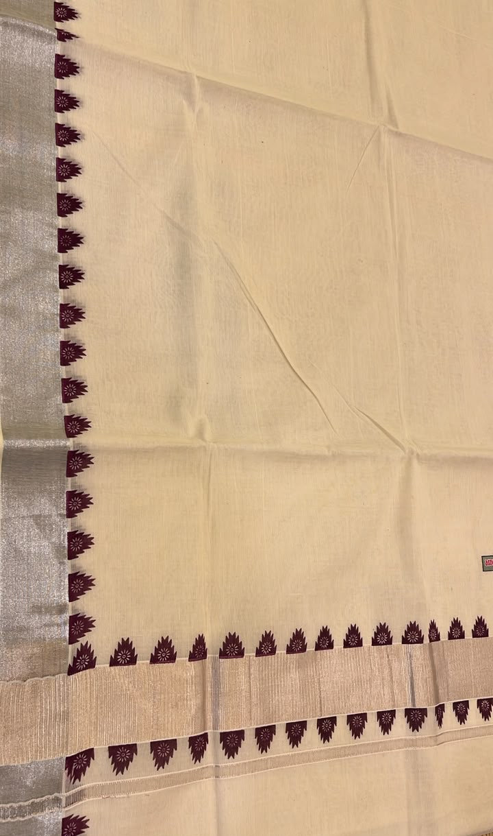 Southloom Kerala Cotton Saree With Silver Zari Boder With Purple Temple Design