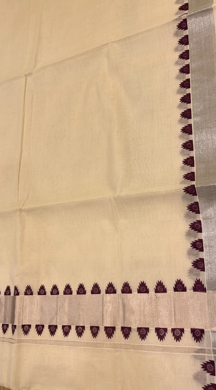 Southloom Kerala Cotton Saree With Silver Zari Boder With Purple Temple Design