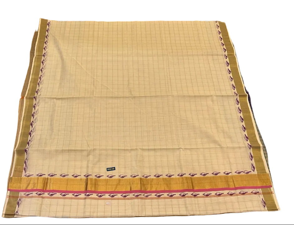 Southloom Kerala Kasavu Saree With Pink Boder And Pink Prints