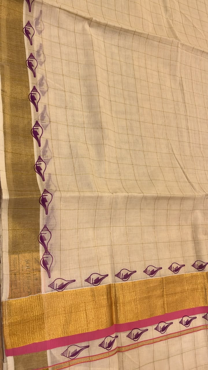 Southloom Kerala Kasavu Saree With Pink Boder And Pink Prints