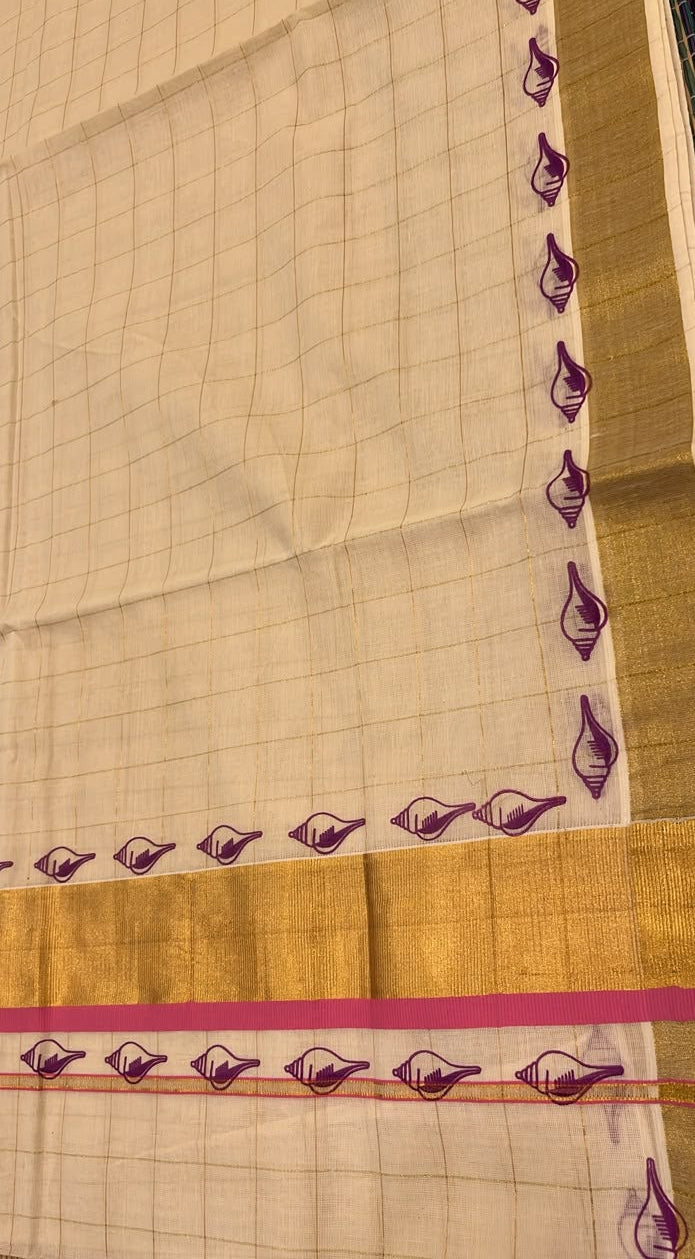 Southloom Kerala Kasavu Saree With Pink Boder And Pink Prints