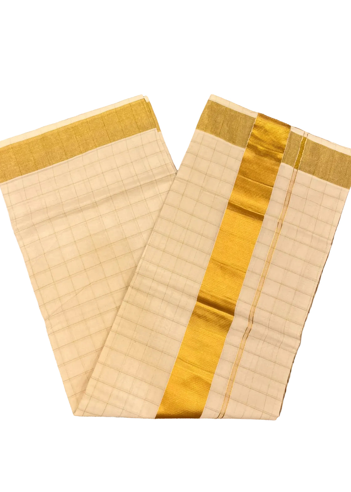 Southloom Kerala Kasavu Cotton Saree with Golden Check and Broad Zari Border