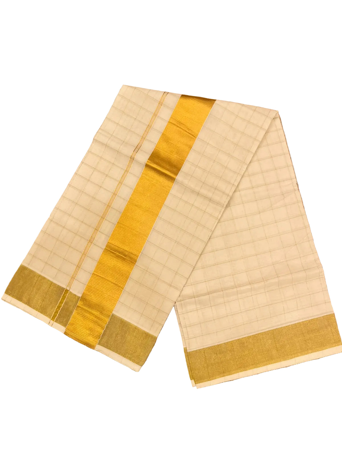 Southloom Kerala Kasavu Cotton Saree with Golden Check and Broad Zari Border