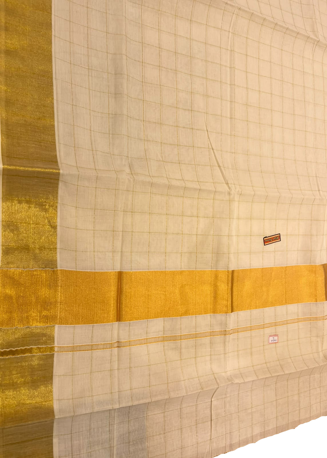 Southloom Kerala Kasavu Cotton Saree with Golden Check and Broad Zari Border