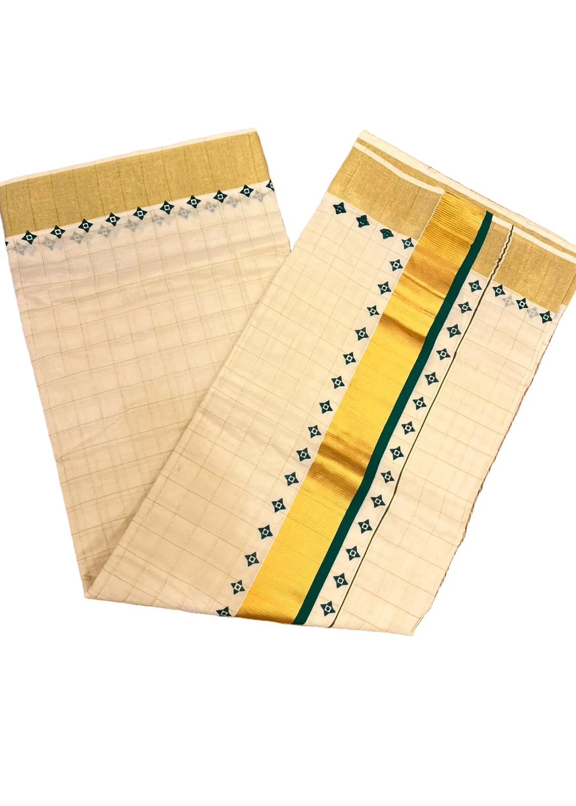 Southloom Kerala Kasavu Cotton Saree With Green Border And Green Print