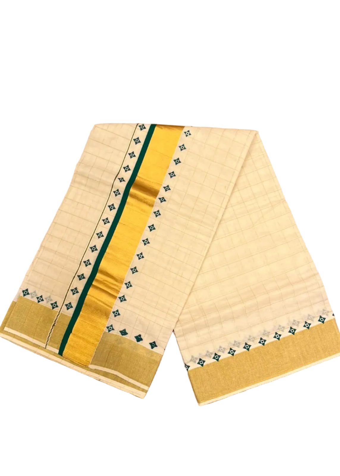 Southloom Kerala Kasavu Cotton Saree With Green Border And Green Print