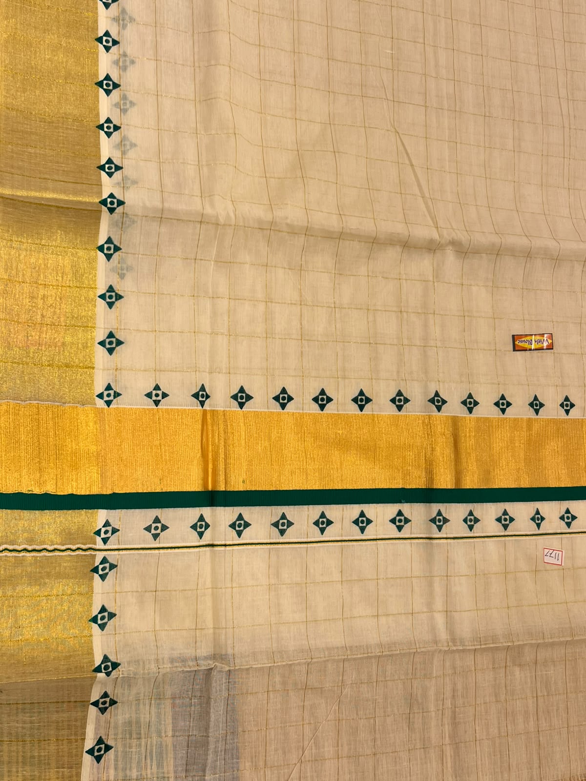 Southloom Kerala Kasavu Cotton Saree With Green Border And Green Print