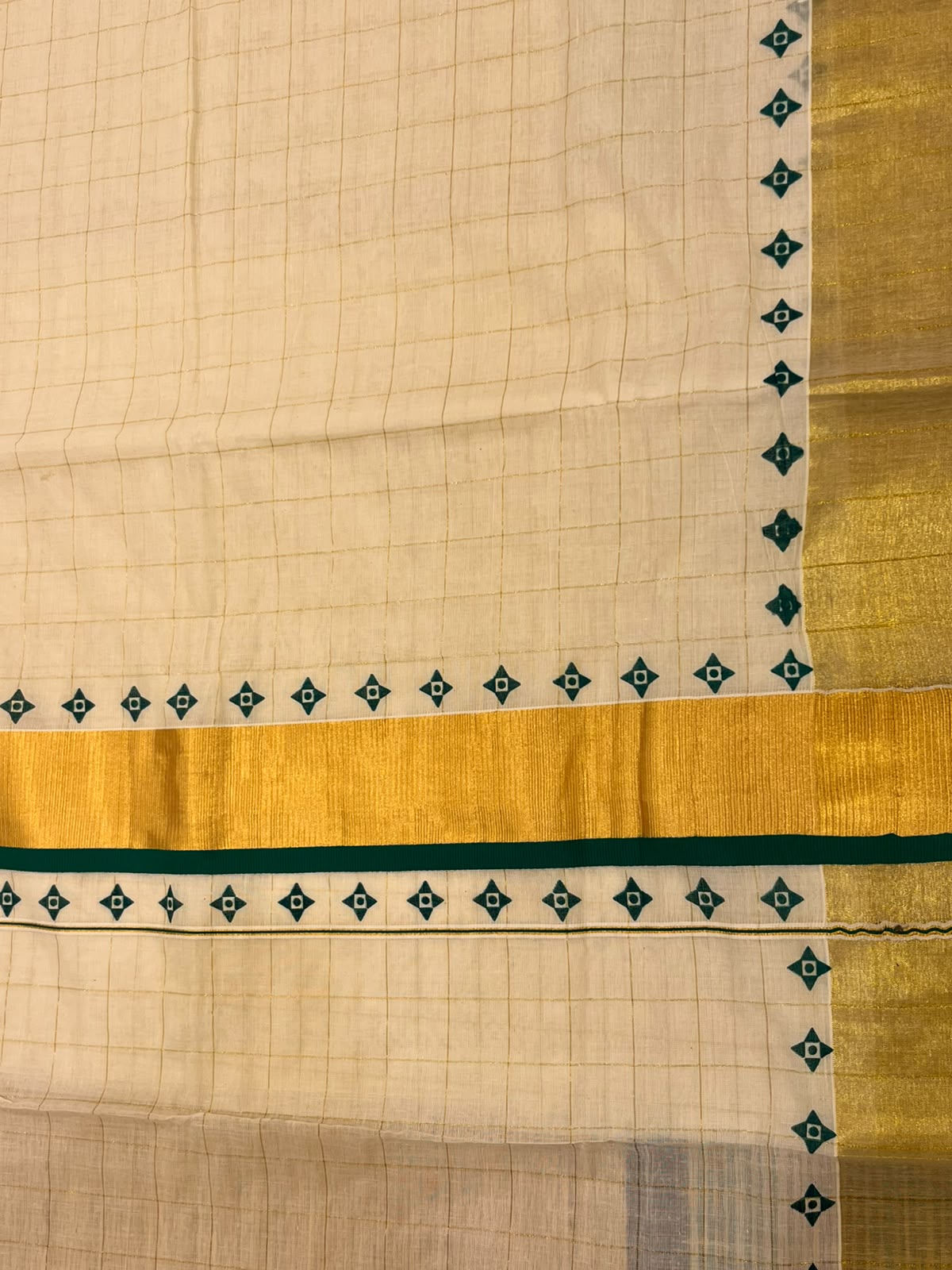 Southloom Kerala Kasavu Cotton Saree With Green Border And Green Print