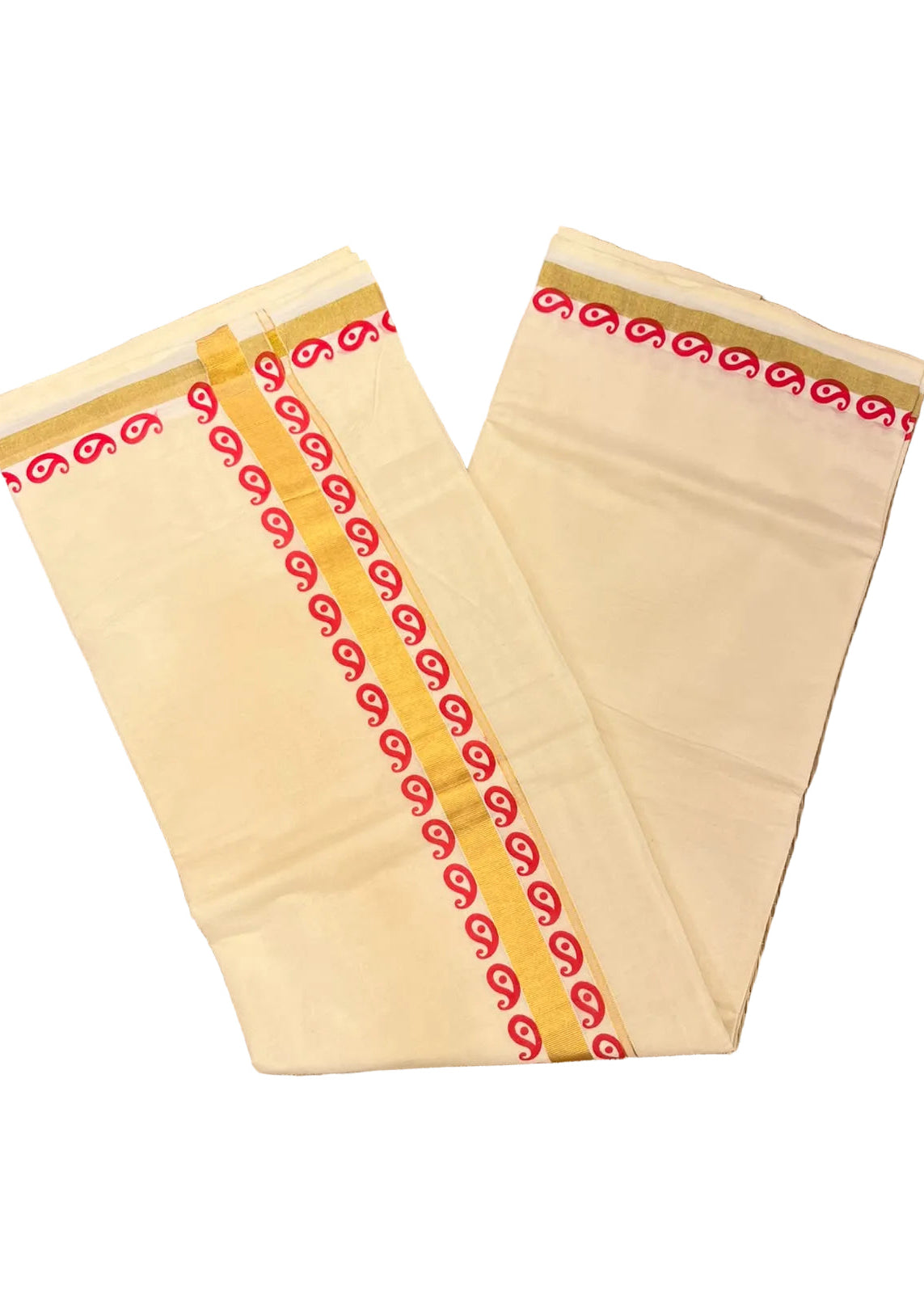 Southloom Kerala Kasavu Cotton Saree with Golden Zari and Red Print
