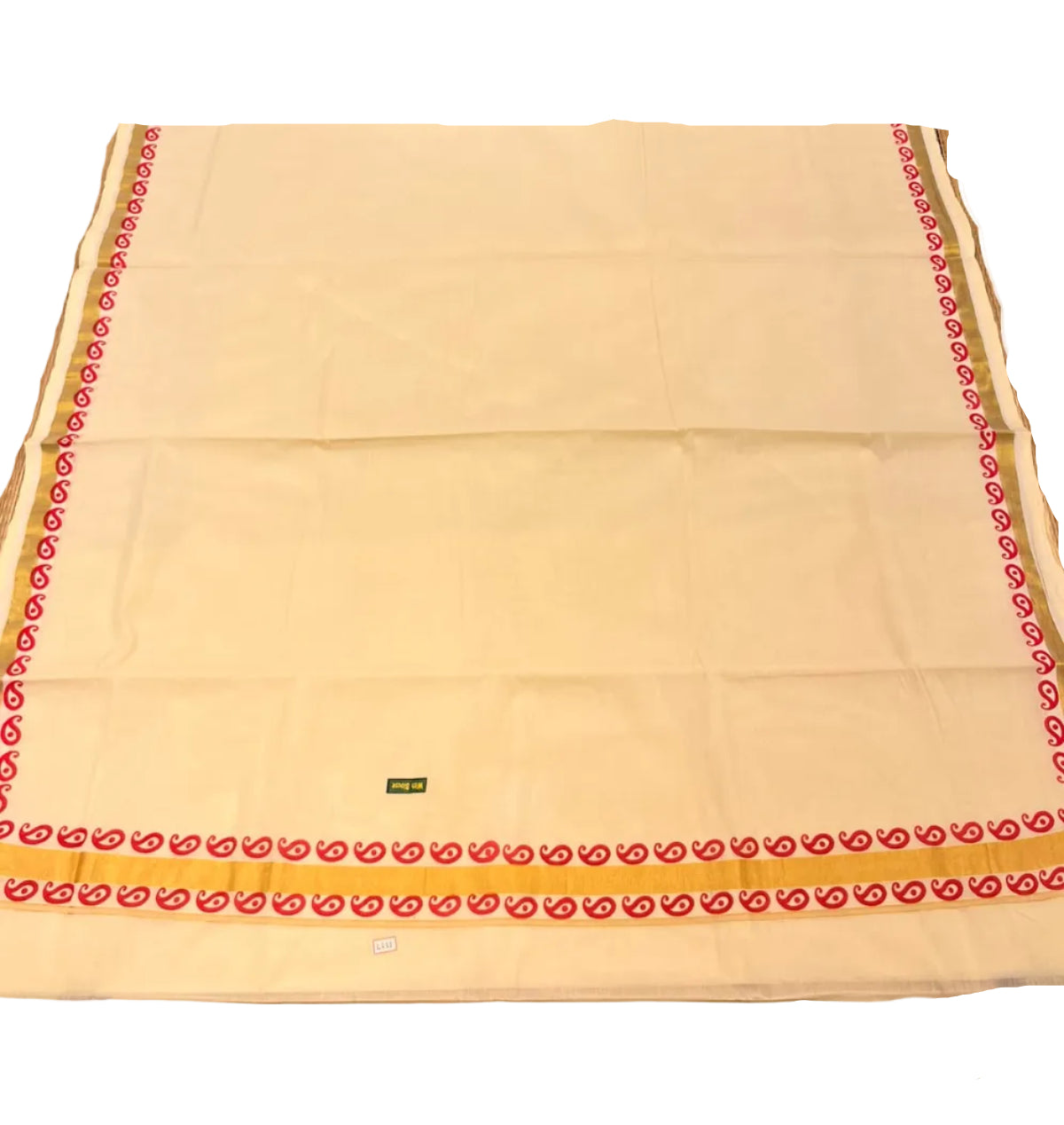 Southloom Kerala Kasavu Cotton Saree with Golden Zari and Red Print