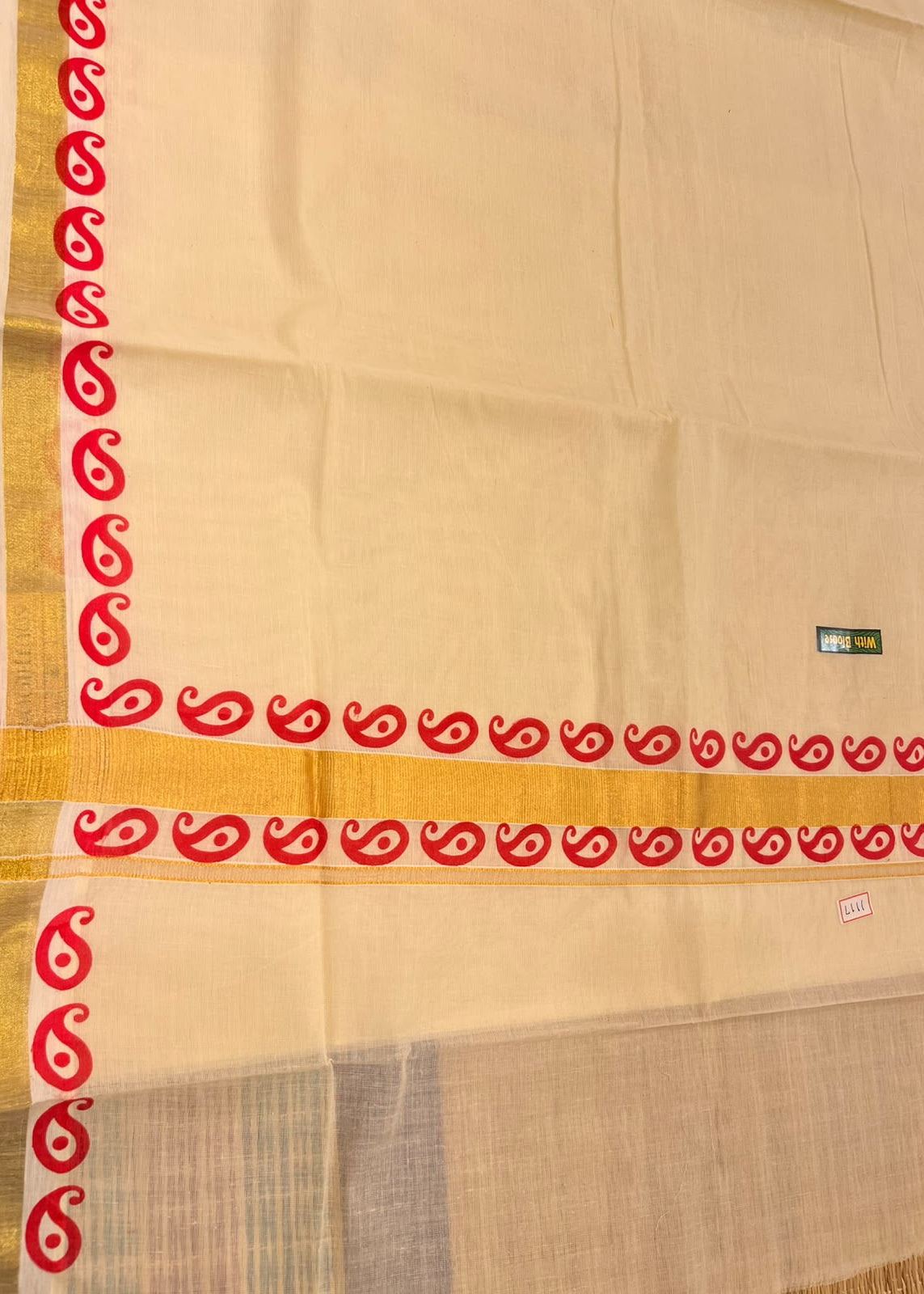 Southloom Kerala Kasavu Cotton Saree with Golden Zari and Red Print