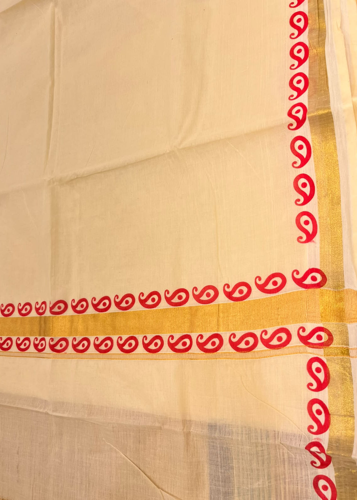 Southloom Kerala Kasavu Cotton Saree with Golden Zari and Red Print