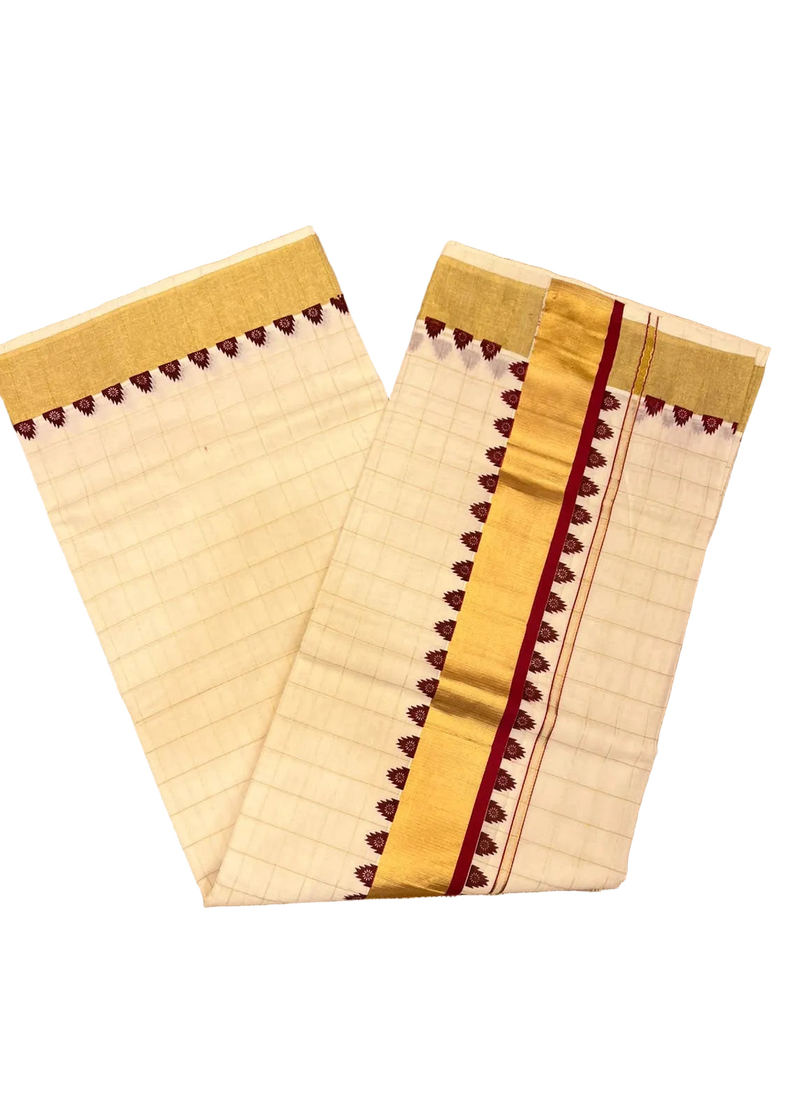 Southloom Kerala Kasavu Cotton Saree With Maroon  Border And Golden Checks