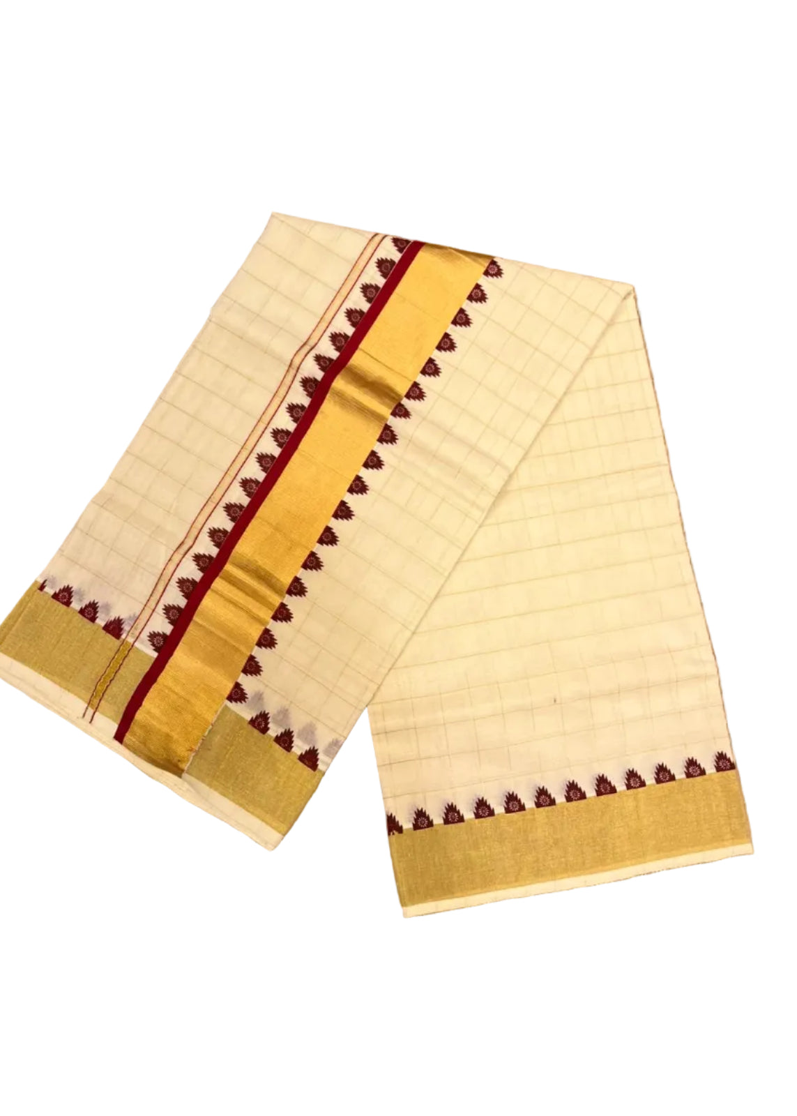 Southloom Kerala Kasavu Cotton Saree With Maroon  Border And Golden Checks