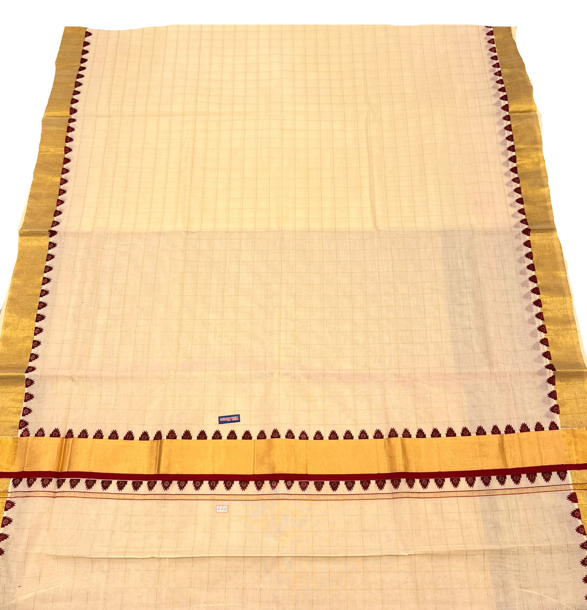 Southloom Kerala Kasavu Cotton Saree With Maroon  Border And Golden Checks