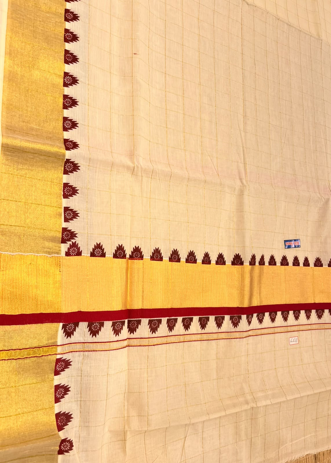 Southloom Kerala Kasavu Cotton Saree With Maroon  Border And Golden Checks