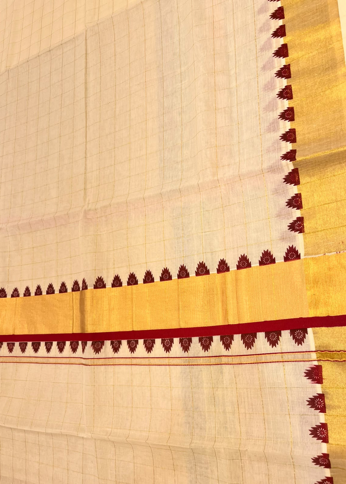 Southloom Kerala Kasavu Cotton Saree With Maroon  Border And Golden Checks
