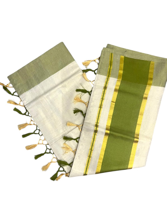Southloom Kerala Tissue Kasavu Saree with Olive Green Border