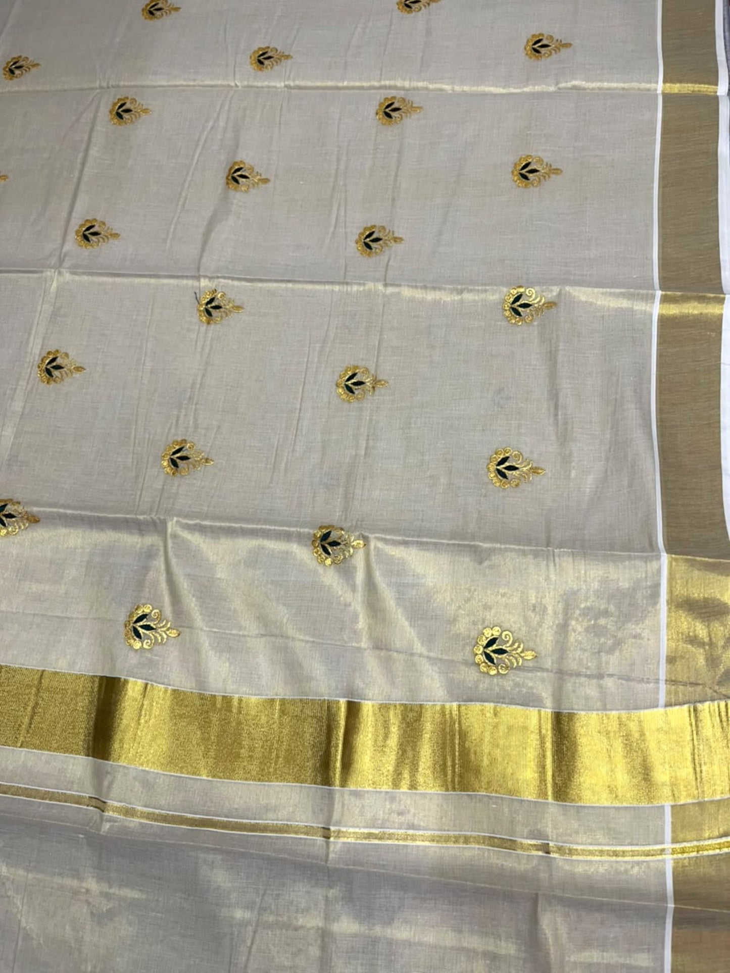Southloom Kerala Tissue Kasavu Saree with Green&Gold Floral Embroidery Works
