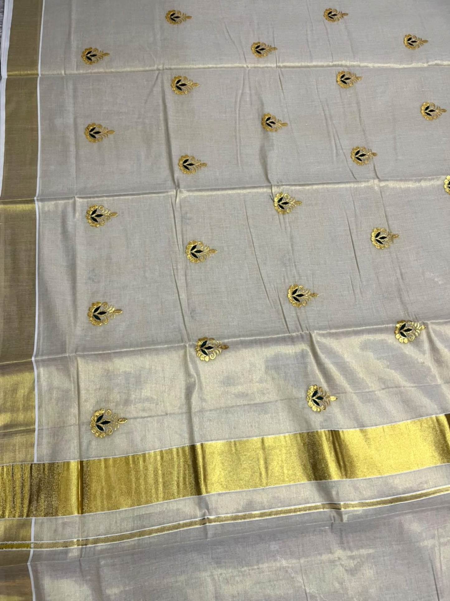 Southloom Kerala Tissue Kasavu Saree with Green&Gold Floral Embroidery Works