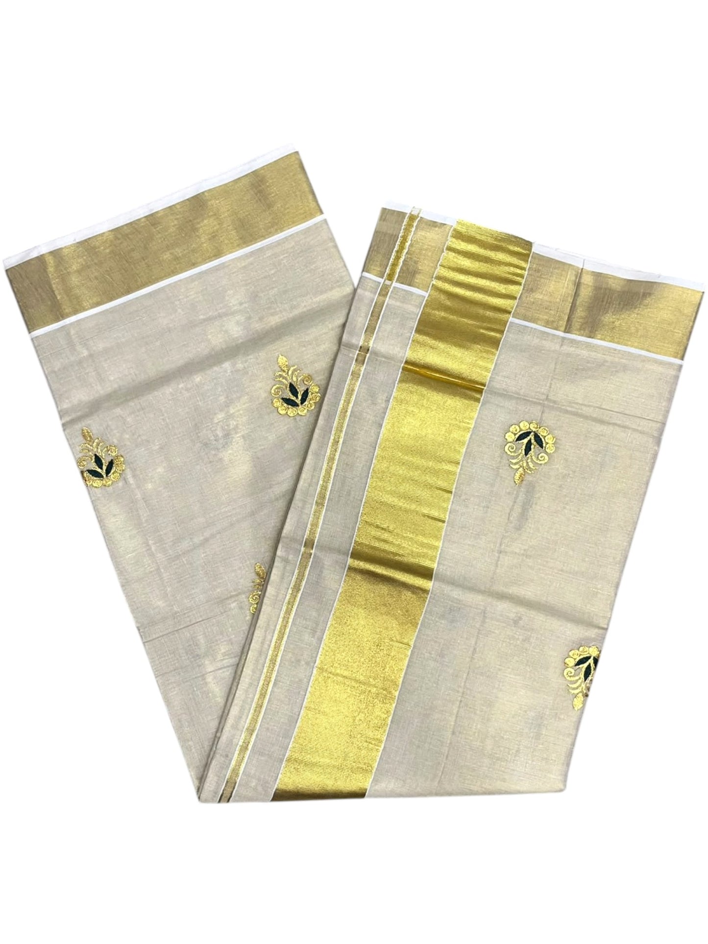 Southloom Kerala Tissue Kasavu Saree with Green&Gold Floral Embroidery Works