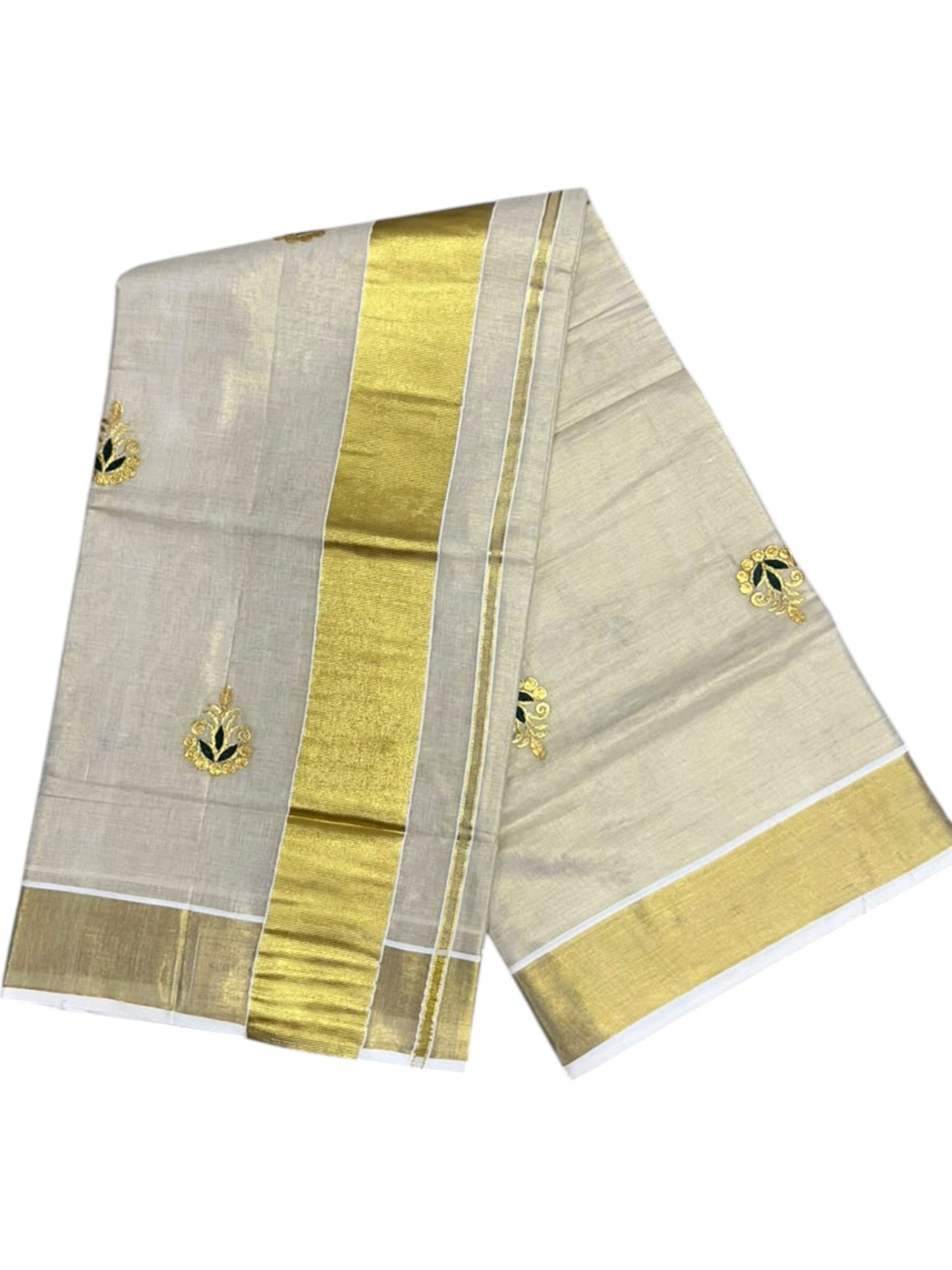 Southloom Kerala Tissue Kasavu Saree with Green&Gold Floral Embroidery Works