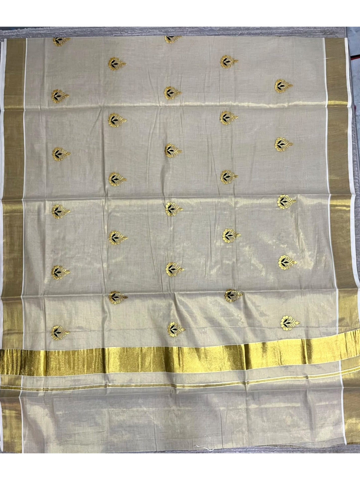Southloom Kerala Tissue Kasavu Saree with Green&Gold Floral Embroidery Works