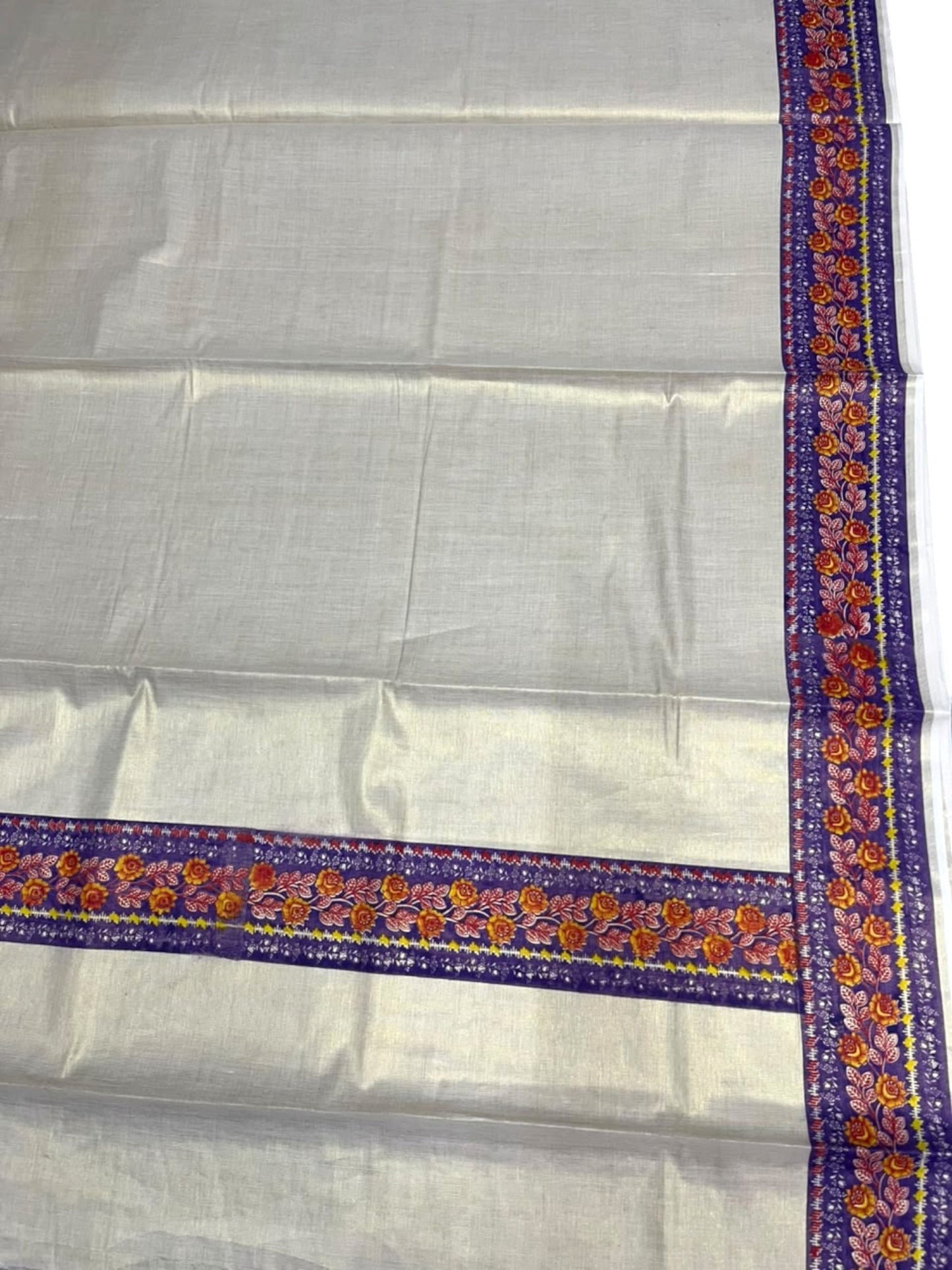 Southloom Kerala Tissue Kasavu Saree with  Voilet Floral Prints On Border