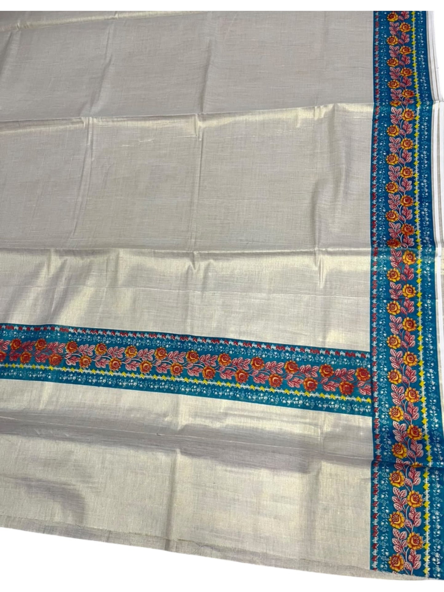 Southloom Kerala Tissue Kasavu Saree with Blue Floral Prints On Border