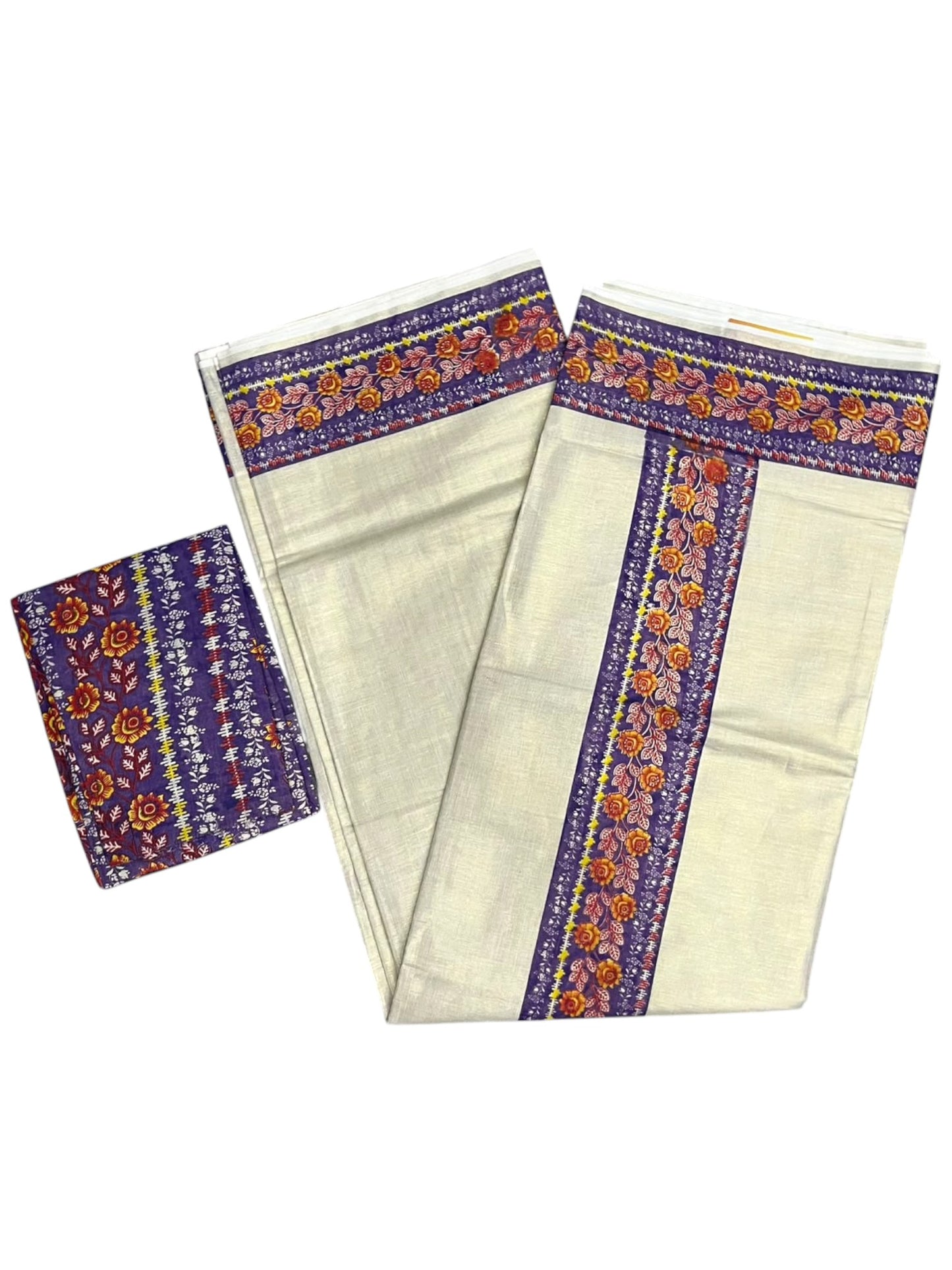 Southloom Kerala Tissue Kasavu Saree with  Voilet Floral Prints On Border